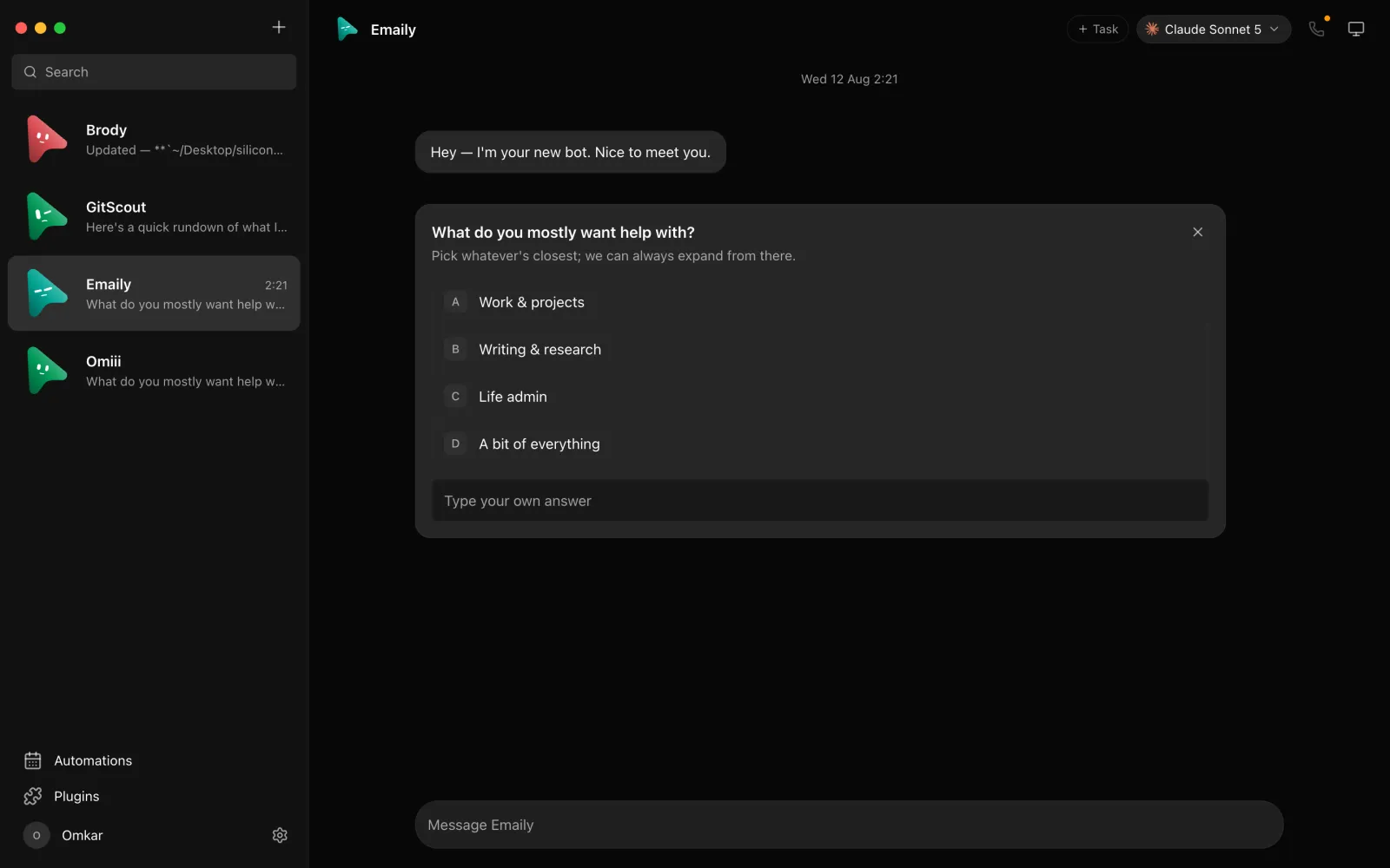An approval card: the bot requests permission in chat before running a command