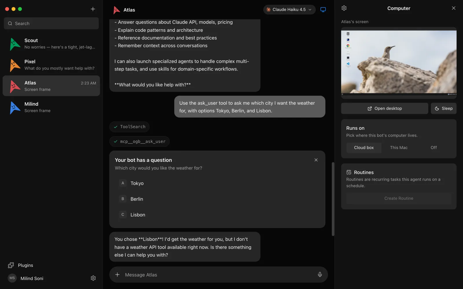 The computer panel: a live screen preview of the bot’s cloud desktop while it works