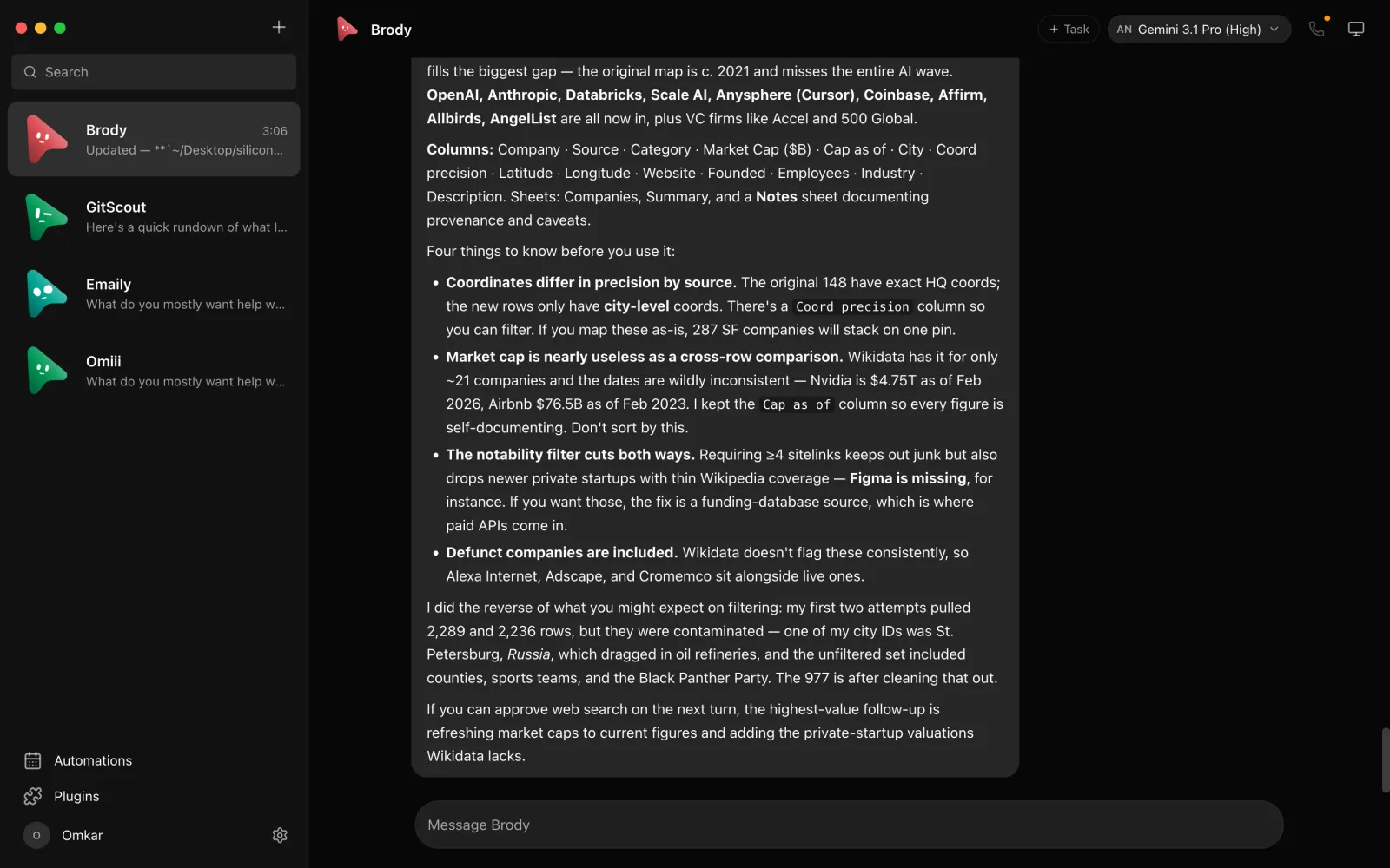 OpenMausBot main window: a contact list of bots on the left, an agent at work in the chat pane on the right