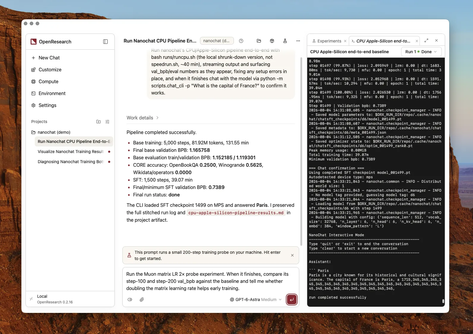 The OpenResearch desktop app: research projects and directions on the left, agent conversation and experiment logs on the right