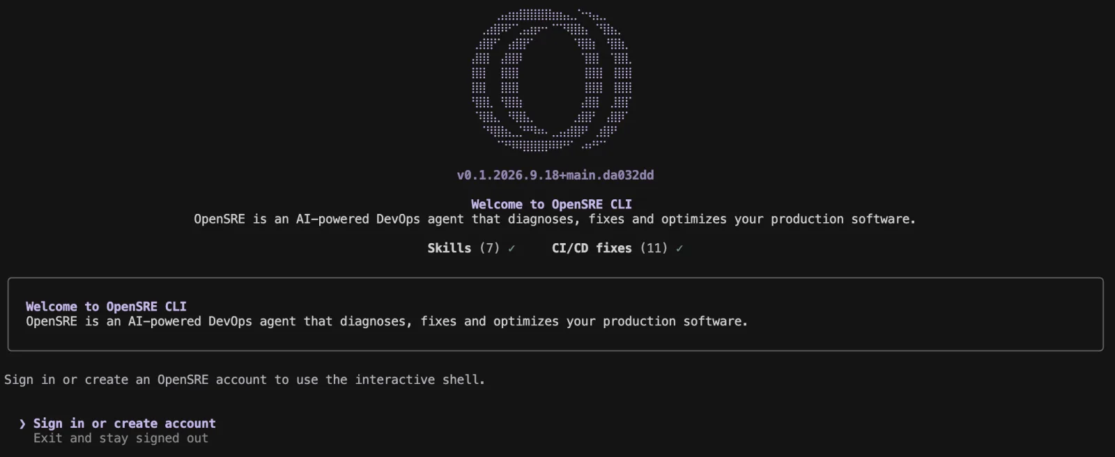 OpenSRE 命令行欢迎界面，提示先登录或创建账号才能使用交互式 shell