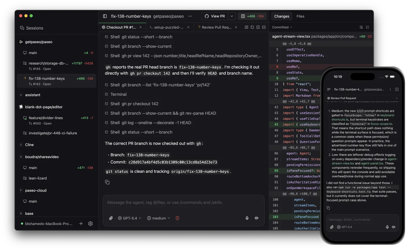 Paseo desktop app: agent list on the left, a session running on the right