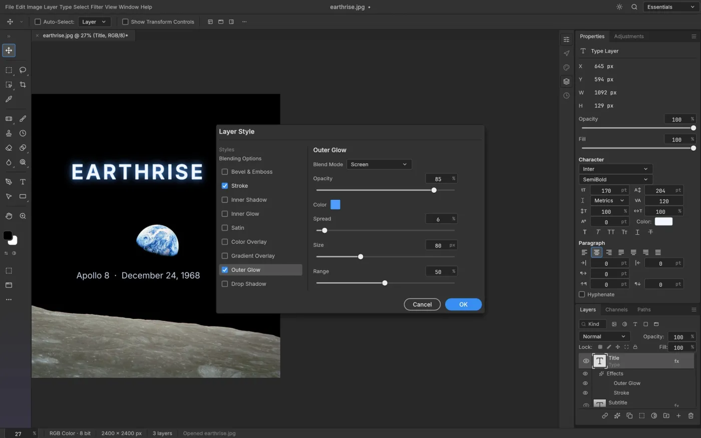 PhotoCraft's Layer Style dialog editing an outer glow and stroke on the EARTHRISE type layer