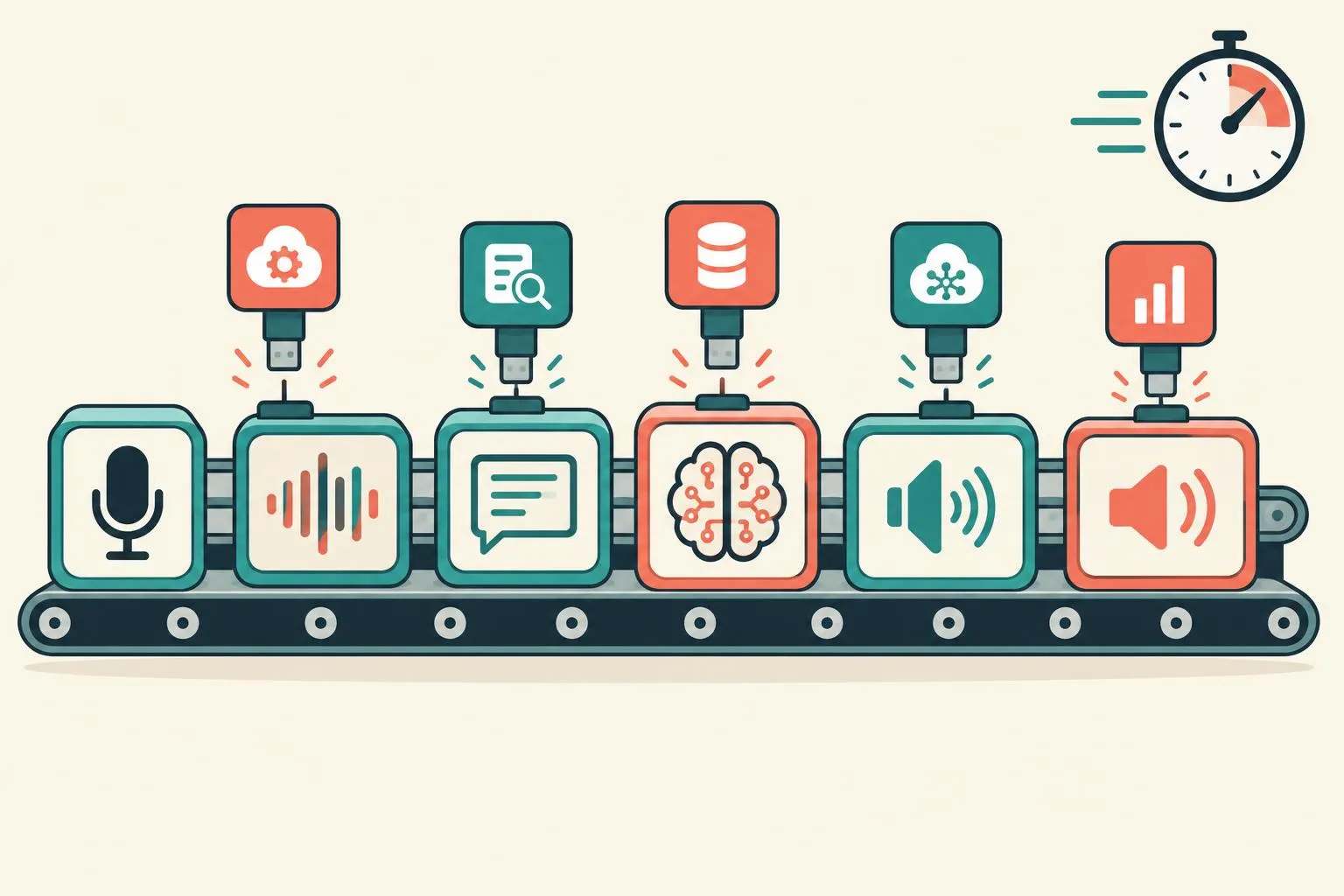 A stylized voice AI pipeline: microphone, waveform, dialogue, model and speaker stages arranged on a conveyor belt, with service cards docking in like USB devices and a stopwatch in the corner