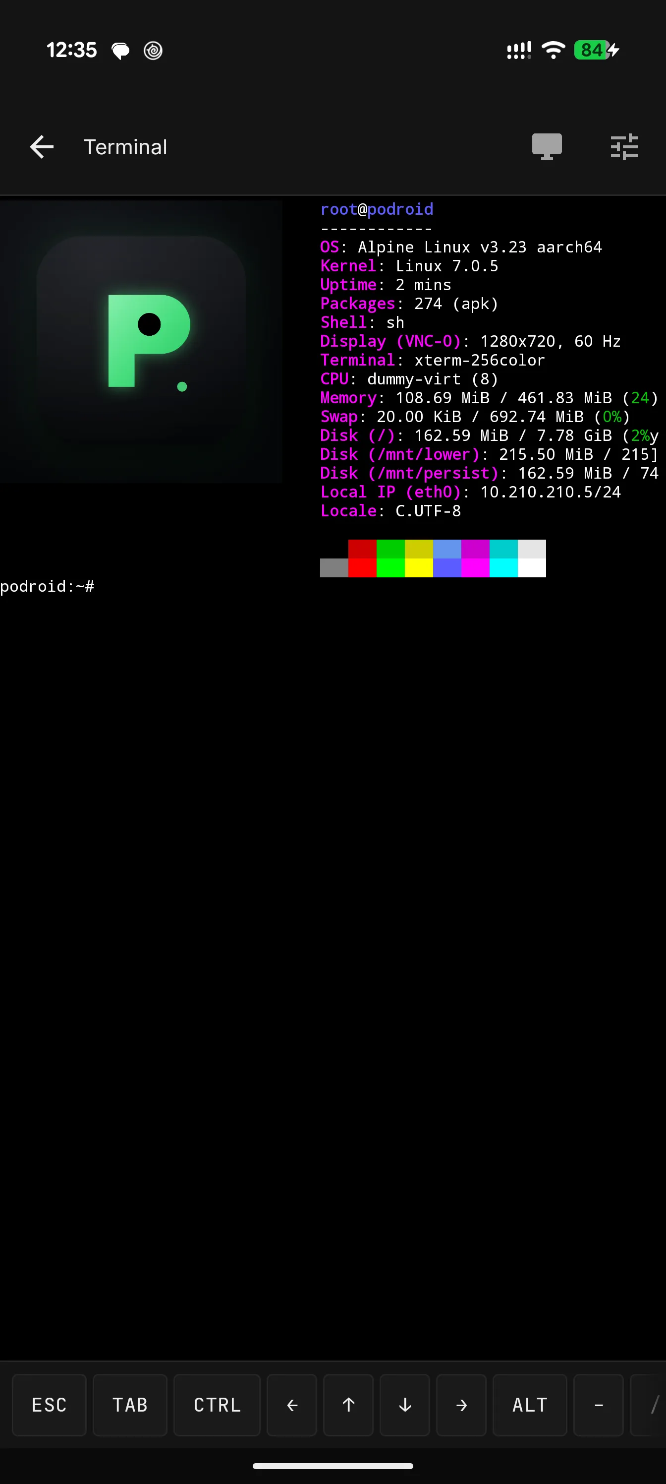Podroid 内置终端运行 fastfetch 显示 Alpine Linux 系统信息：内核版本、运行时间与资源占用