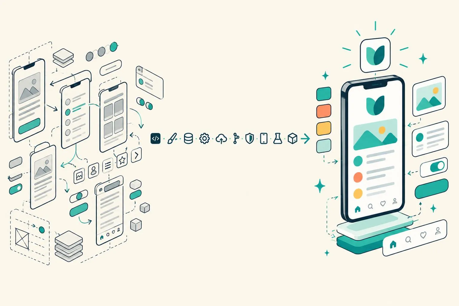 An illustration: on the left an app blueprint decomposed into wireframe screens, flows and components; a row of small tool icons passes through the middle; on the right a fresh app assembles itself in new colors with its own icon