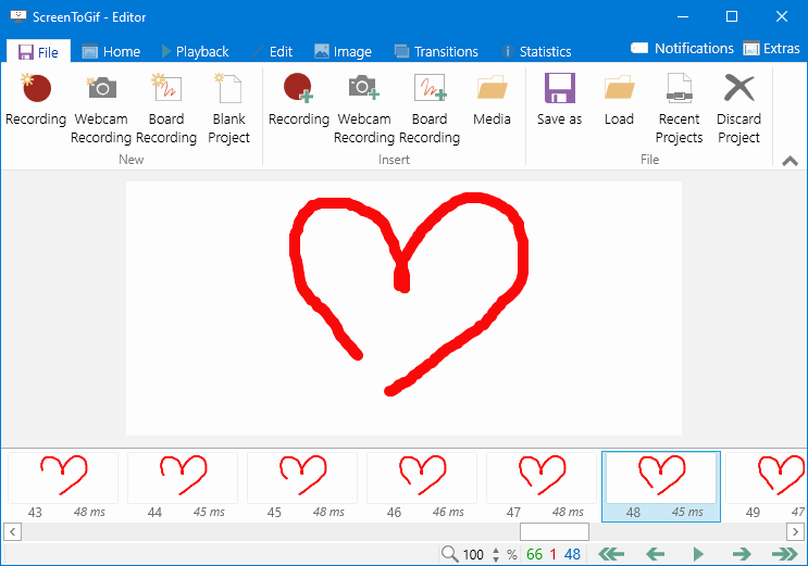 ScreenToGif editor: frames lined up on the timeline, any frame can be deleted or annotated