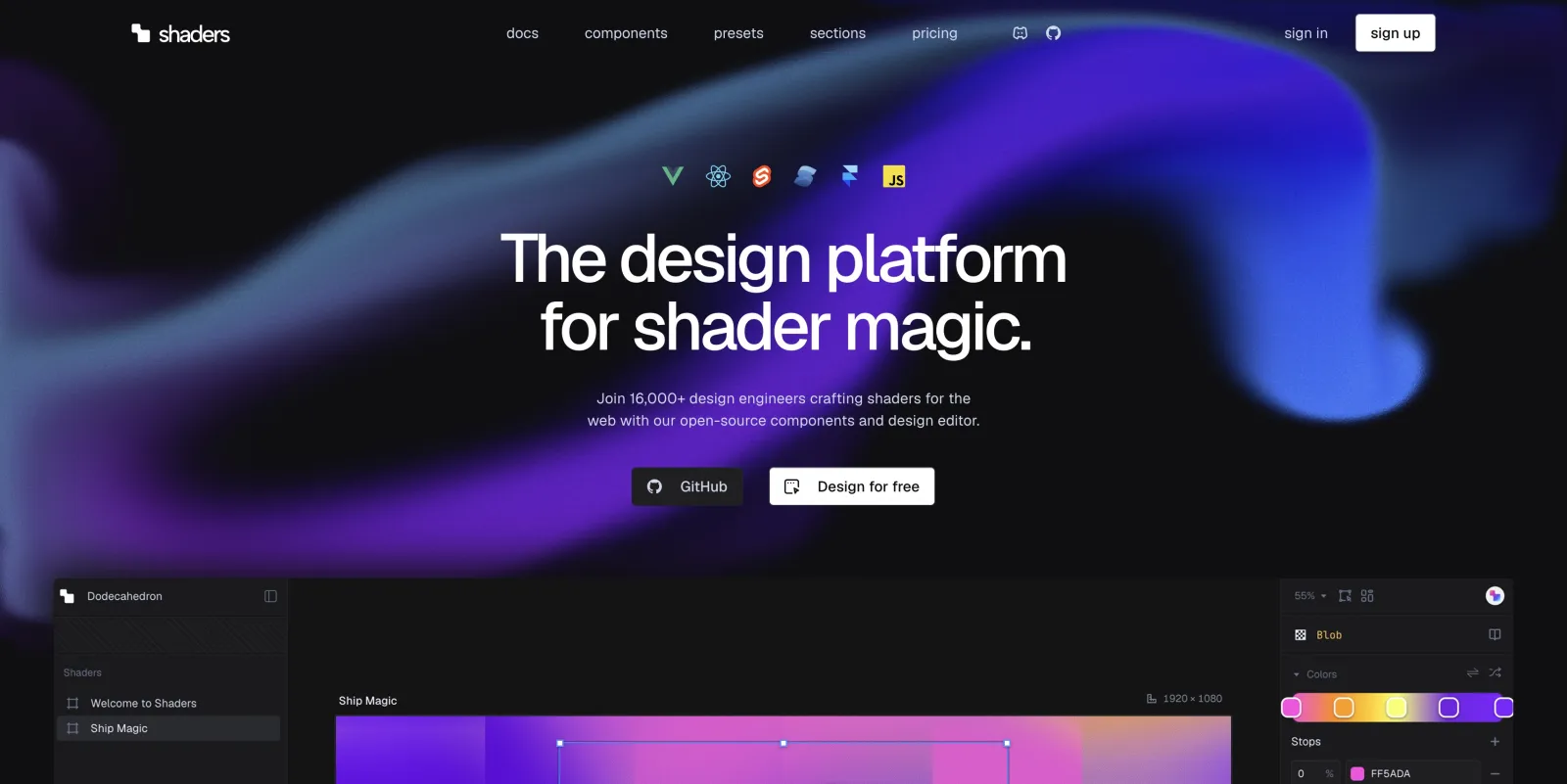 shaders.com home page: the design editor with a component tree on the left, a purple-blue "Ship Magic" gradient on the canvas, and color and stops controls on the right