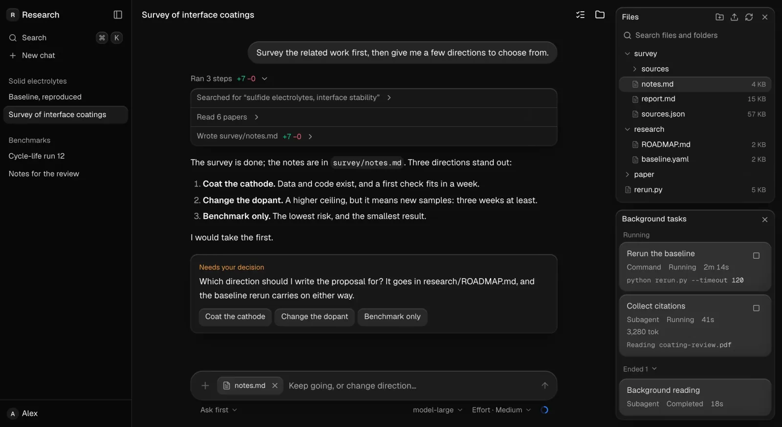 The agent-workspace block: sessions, the conversation thread, files and background tasks