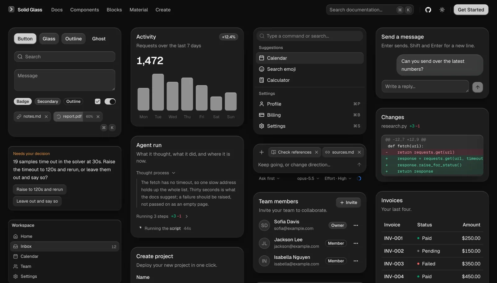 Solid Glass components in the dark theme