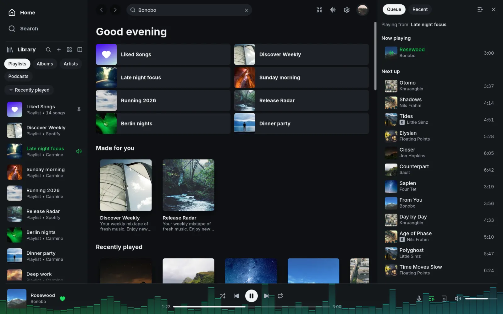 Spotifast 桌面主页:左侧音乐库与歌单,中间推荐内容,右侧当前播放队列