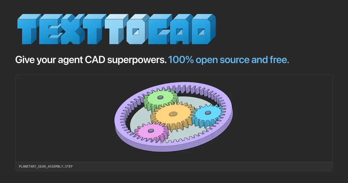 text-to-cad 的社交预览图：上方是项目 logo 和一句话介绍，下方是一个行星齿轮组件的 3D 渲染