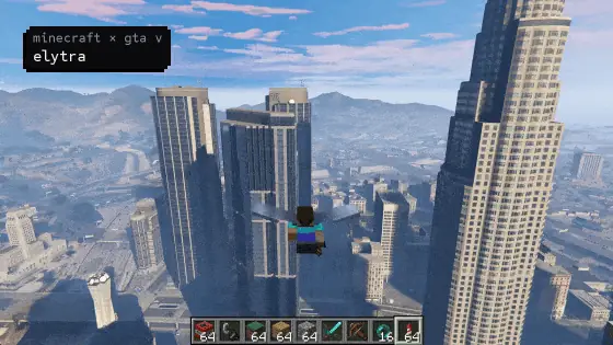 universal-modder demo: six mods built by AI coding agents, from Steve gliding over Los Santos to World at War zombies inside Minecraft