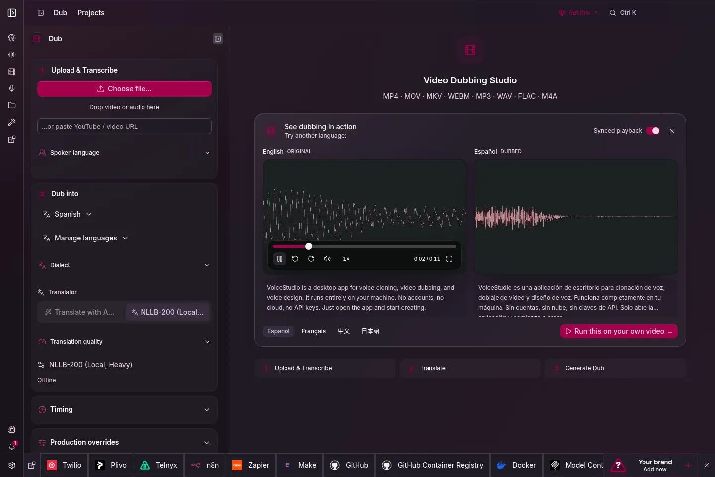VoiceStudio’s Video Dubbing Studio: upload and transcribe, translate and dub, timing and preview