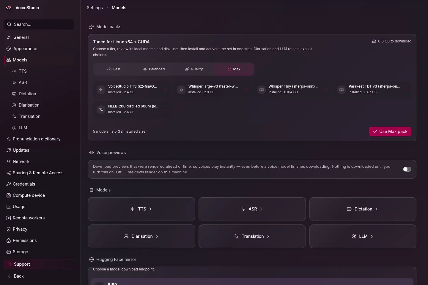 VoiceStudio’s model panel: one-click model packs with TTS, ASR, dictation, diarization and translation categories