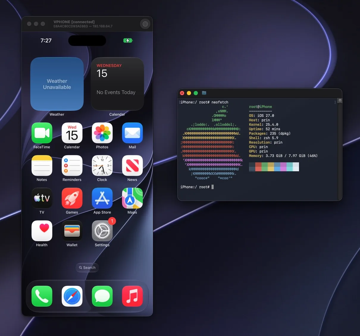 A virtual iPhone's screen running inside vphone-cli on macOS