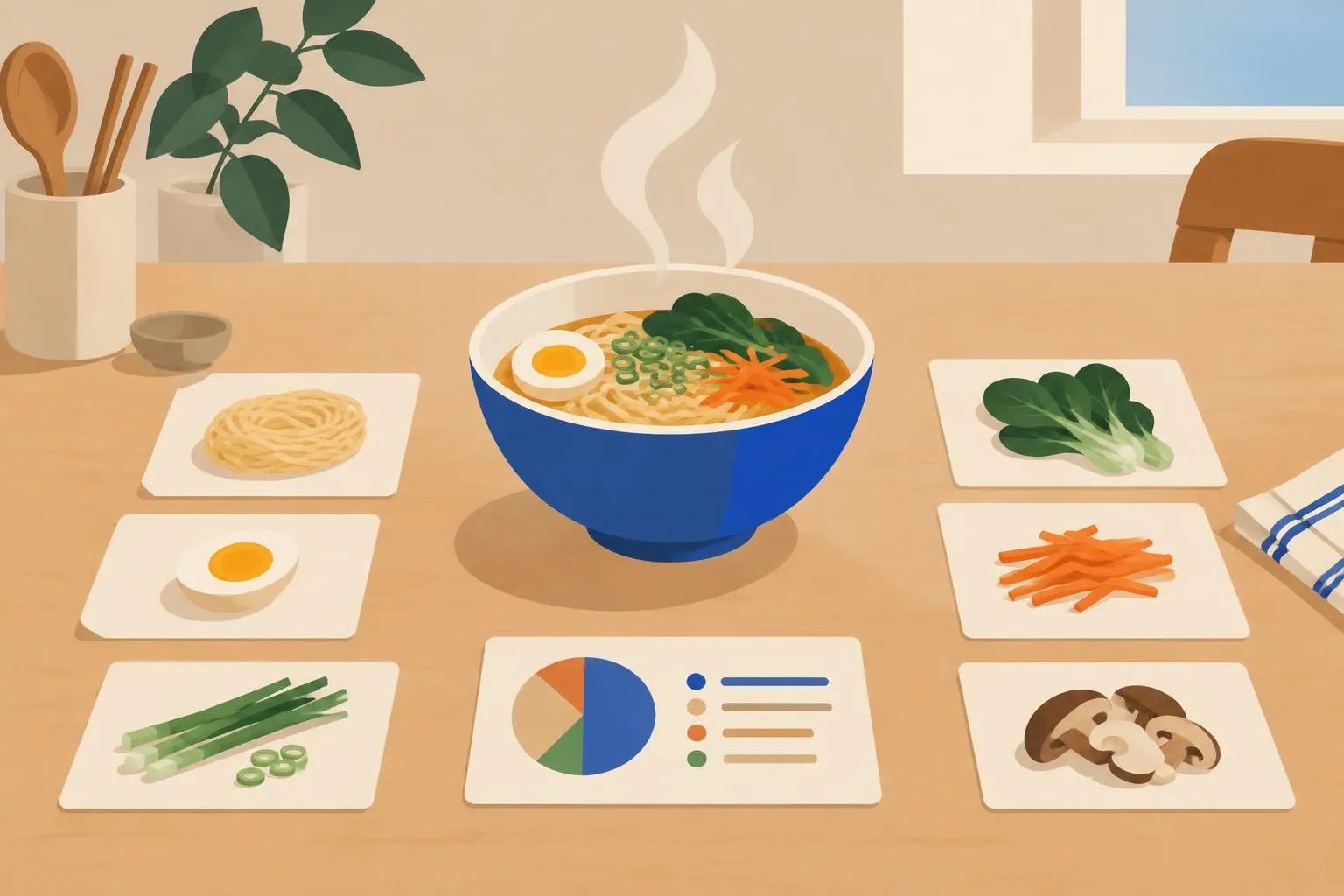 A steaming blue bowl of noodles on a wooden table, surrounded by neatly arranged ingredient cards and a nutrition pie-chart card