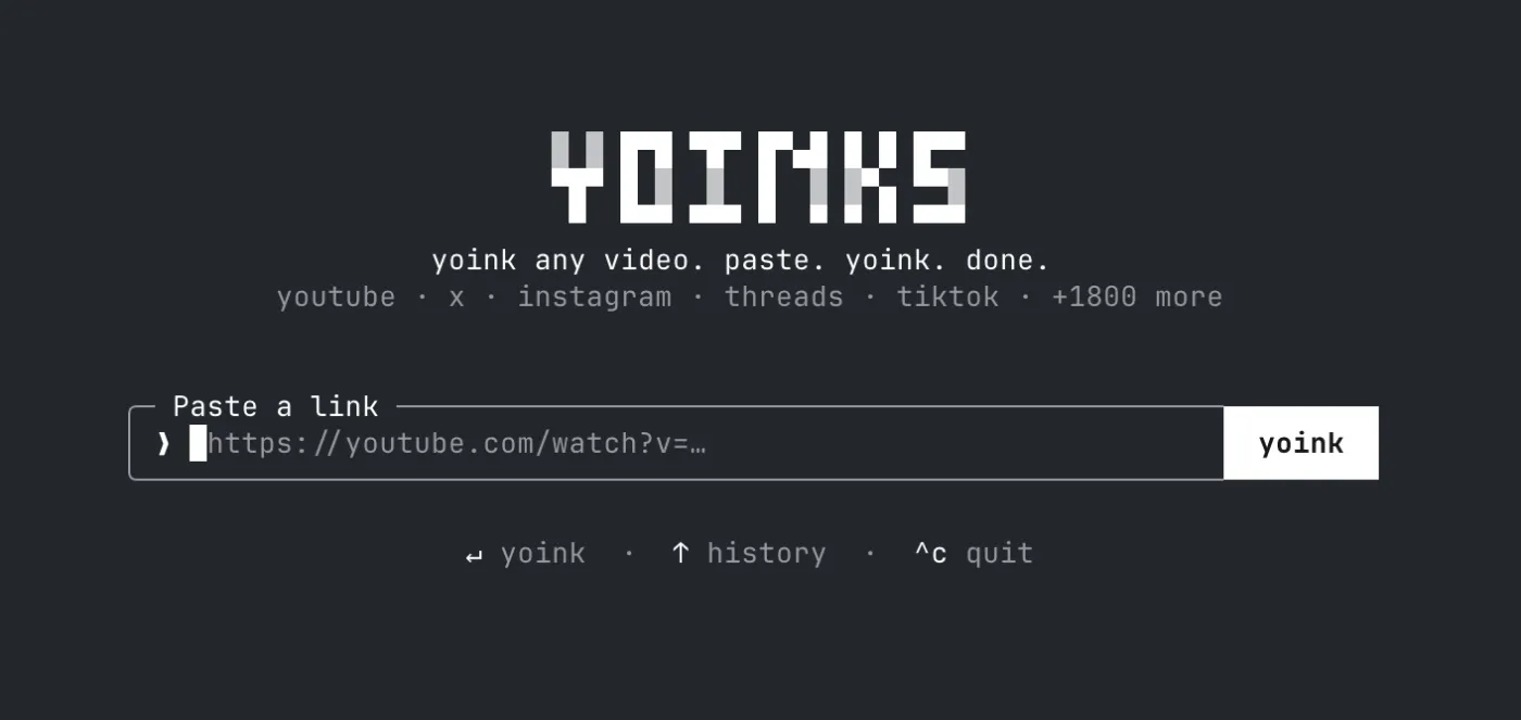 yoinks 主界面：粘贴链接，按回车开始下载