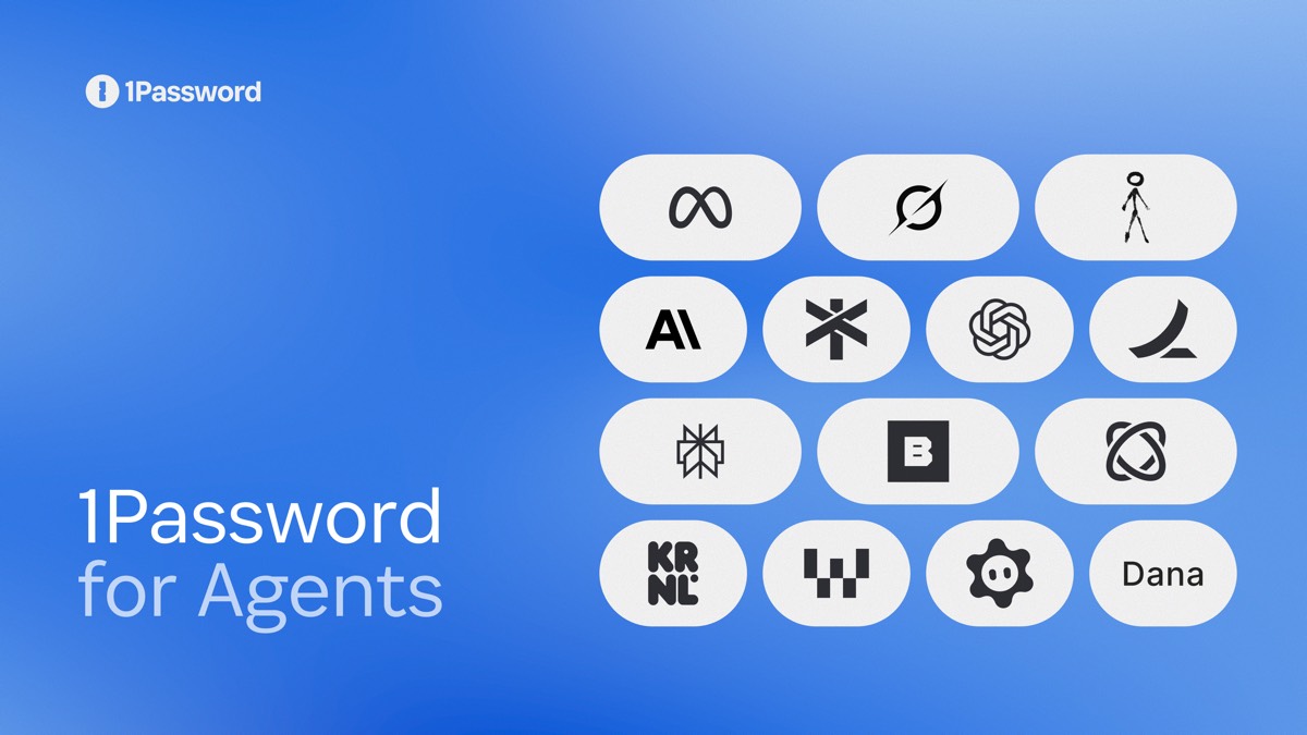 蓝色背景上，左侧是 1Password 标志与「1Password for Agents」字样，右侧十几枚白色圆角方块里排着各合作方与智能体的黑色图标。