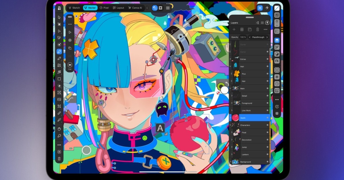 iPad 屏幕上打开的矢量绘图工作区,画布是一幅色彩浓烈的赛博朋克人像插画,右侧图层面板展开着一长串图层