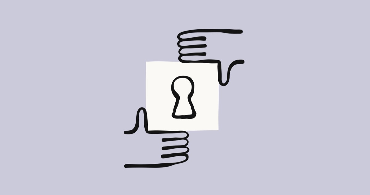 Two line-drawn hands holding a card with a keyhole on it