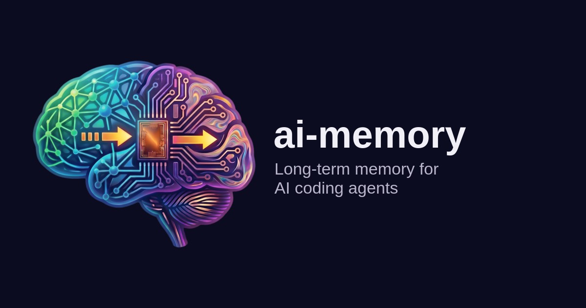 ai-memory 官网分享图：深蓝底上一颗一半神经网络、一半电路板的大脑，中间嵌着芯片，右侧是白色 ai-memory 字样