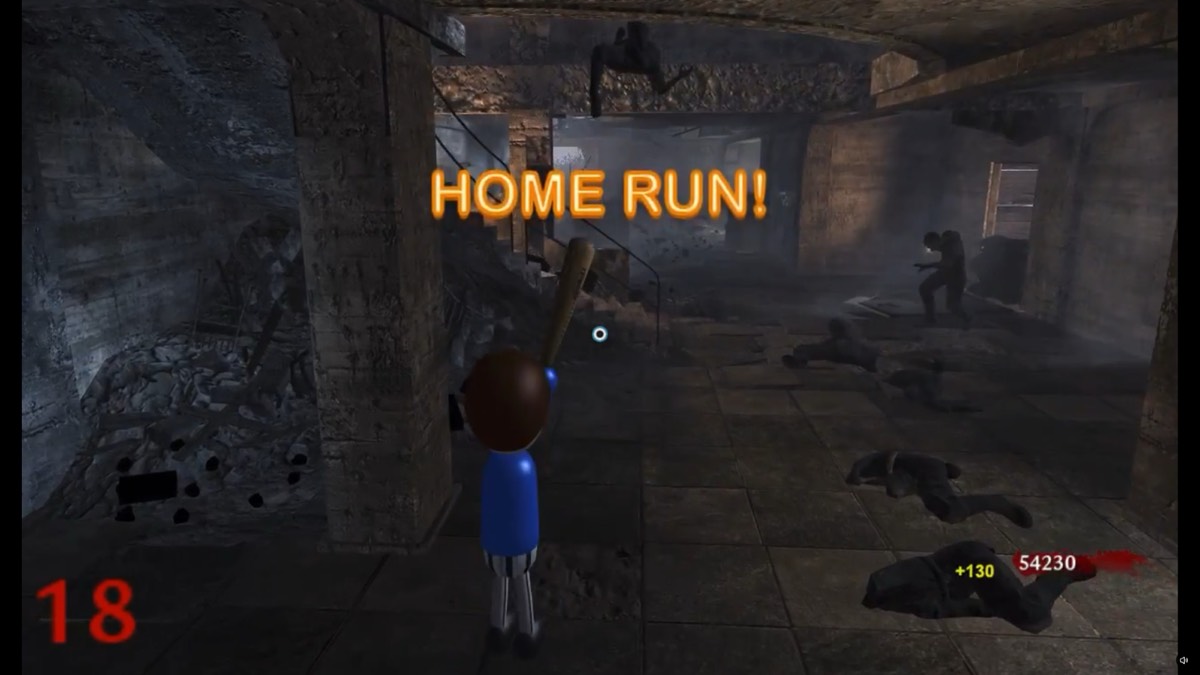 《使命召唤》僵尸地图里，Wii Sports 的 Mii 角色举起棒球棍，画面中央亮出 HOME RUN! 字样