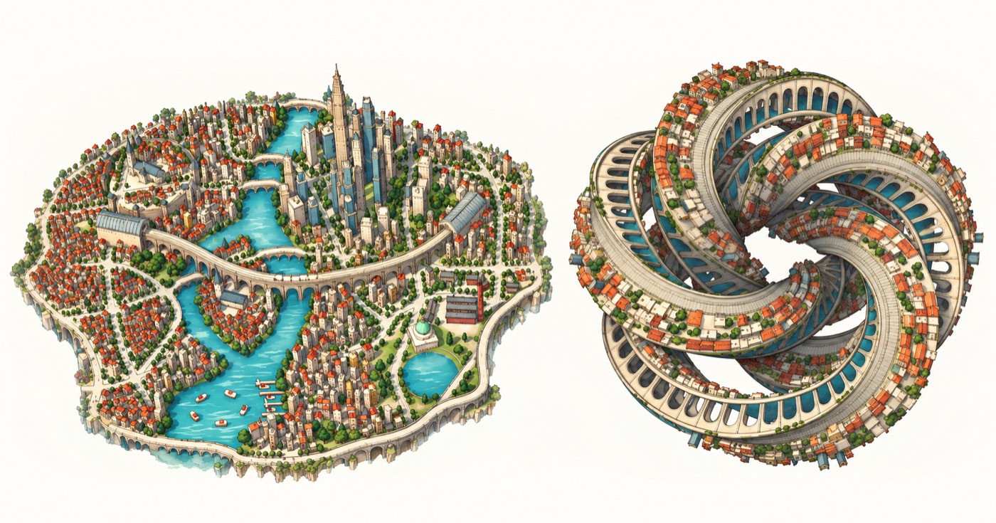 Illustration from the essay social card: a city beside a tangled knot of rope, standing in for the claim that networks are clean and the old evidence was an artifact of observation