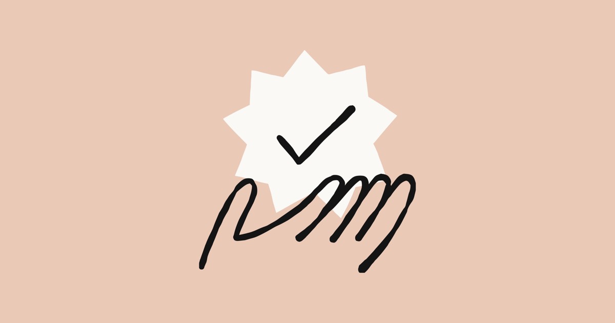 A white starburst badge with a hand-drawn black check mark on a pale peach background, with a sweeping signature stroke underneath