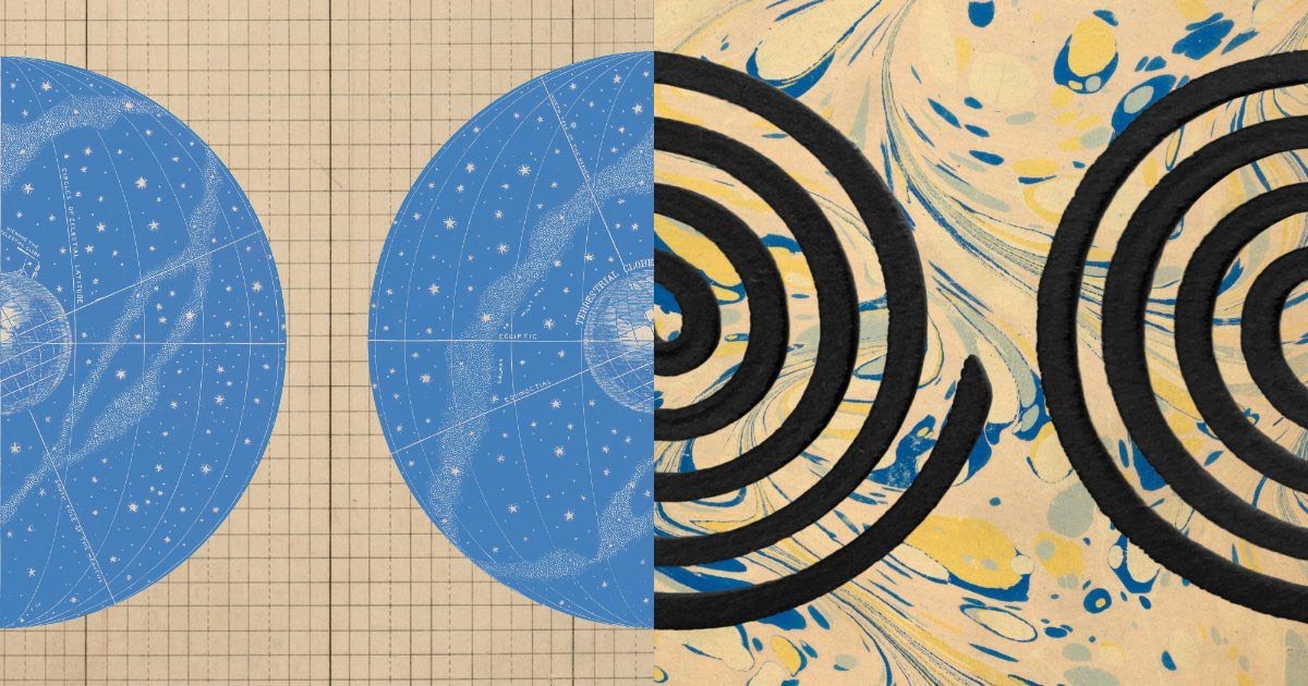 Blue and yellow star charts overlaid with black concentric rings on a grid