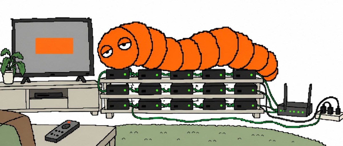 A cartoon orange worm sprawled across shelves of TV boxes wired to a home router