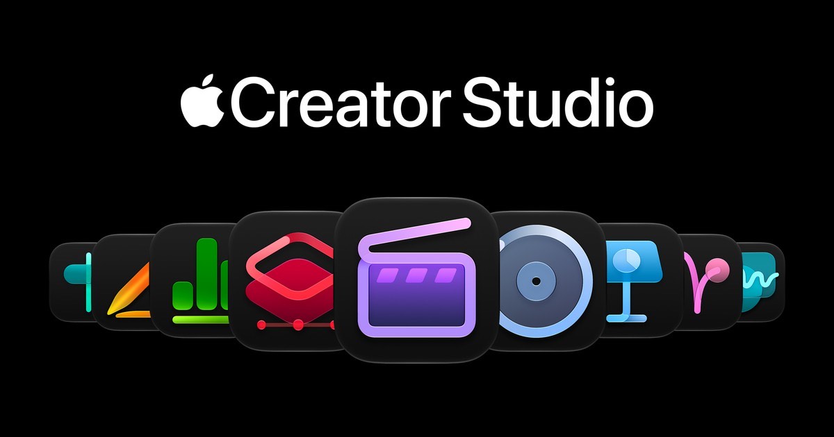 A row of Apple Creator Studio app icons lined up on black, with the Creator Studio wordmark above
