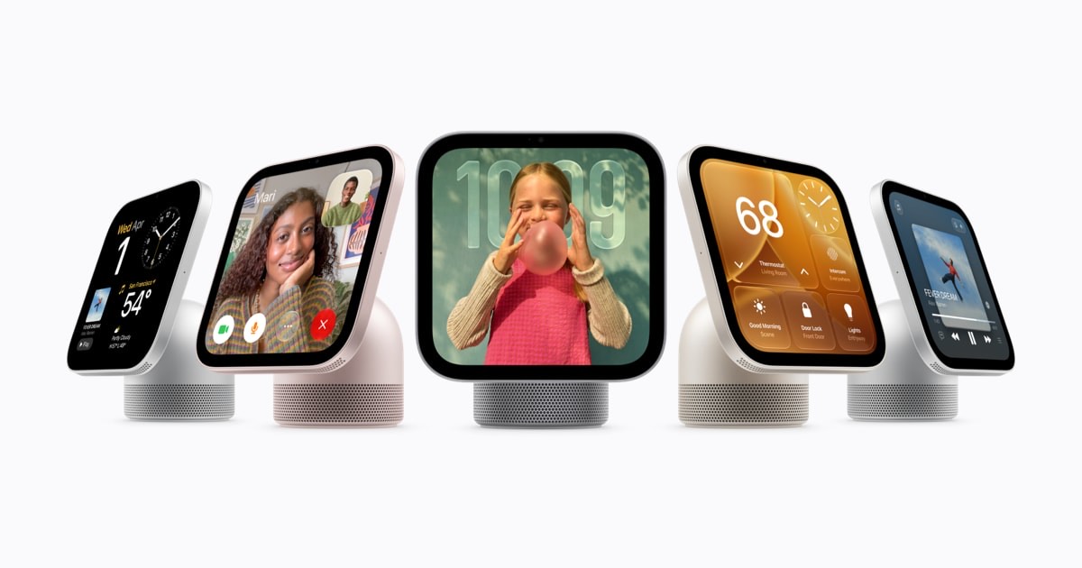 Apple press render of five HomeView displays in different colors, screens showing the clock, FaceTime, photos, home controls and music