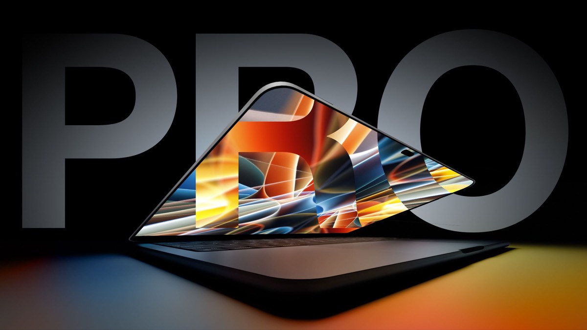 MacBook Pro 概念渲染图,屏幕翻开置于巨大的 PRO 字样前