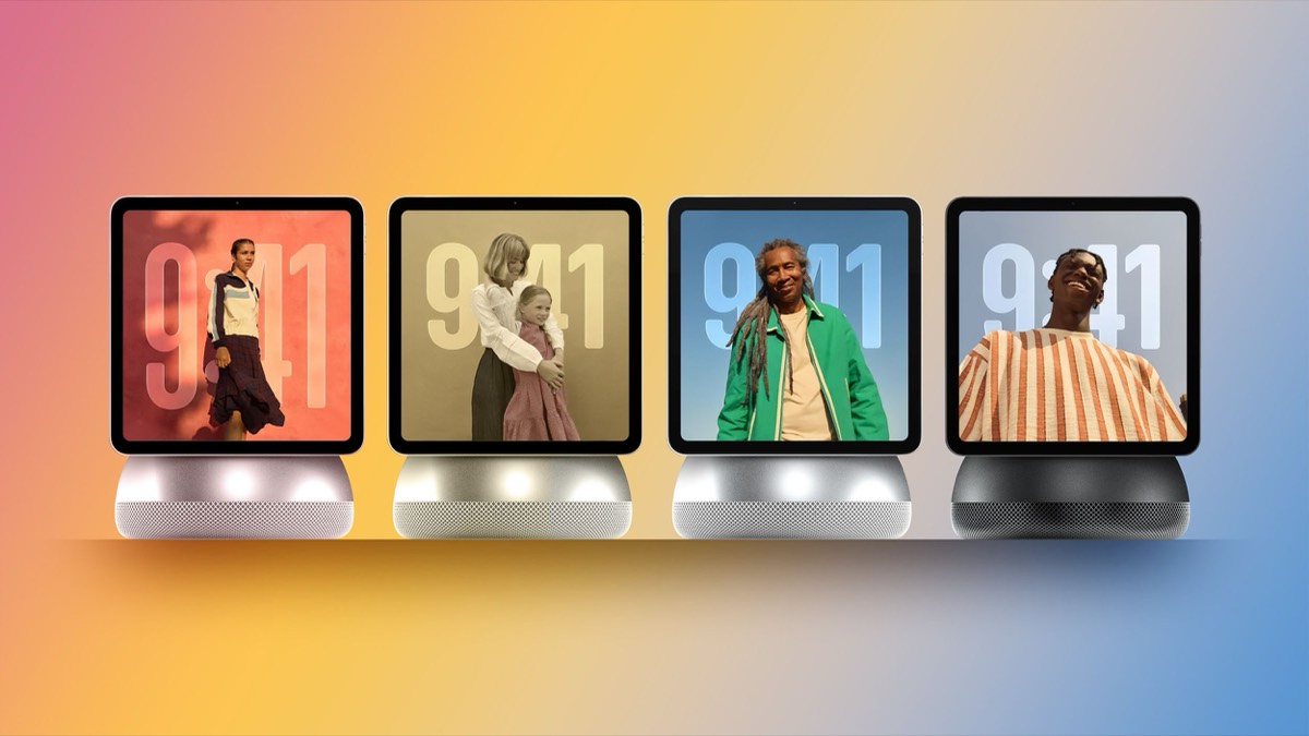 MacRumors concept render of a smart home hub: four square touchscreens on round metal bases, each showing a different person on the lock screen