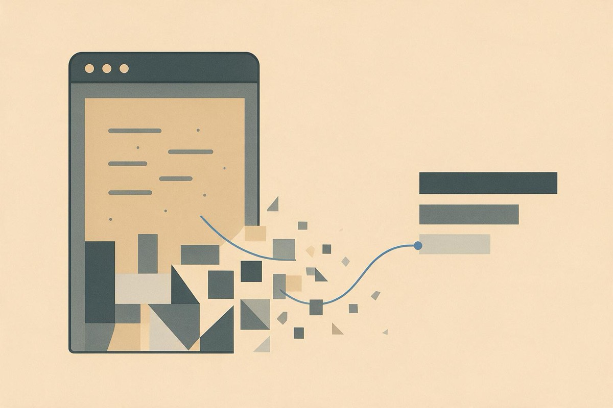 Flat illustration on a beige field: a browser window on the left breaks apart into geometric tiles that a blue line leads toward three shortening bars on the right