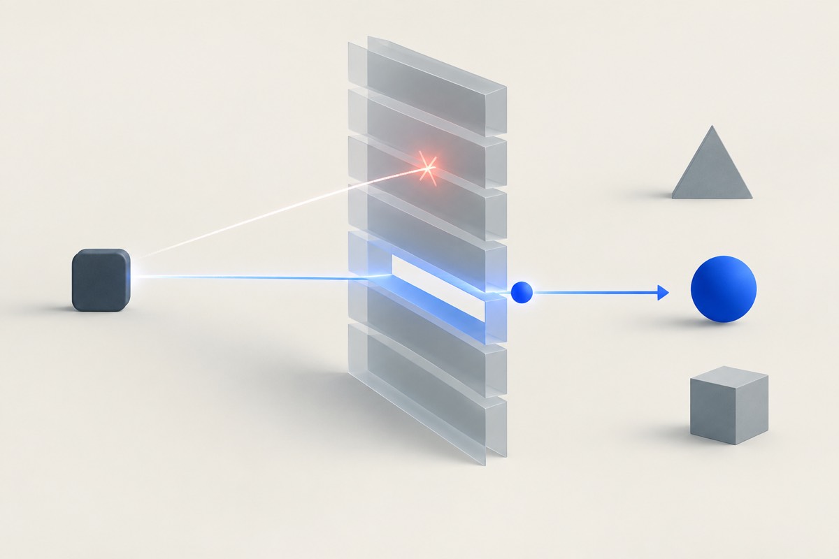 A dark rounded block and three pale geometric shapes separated by a wall of five translucent slabs, with a blue light line passing through an opening and another stopped at a middle slab
