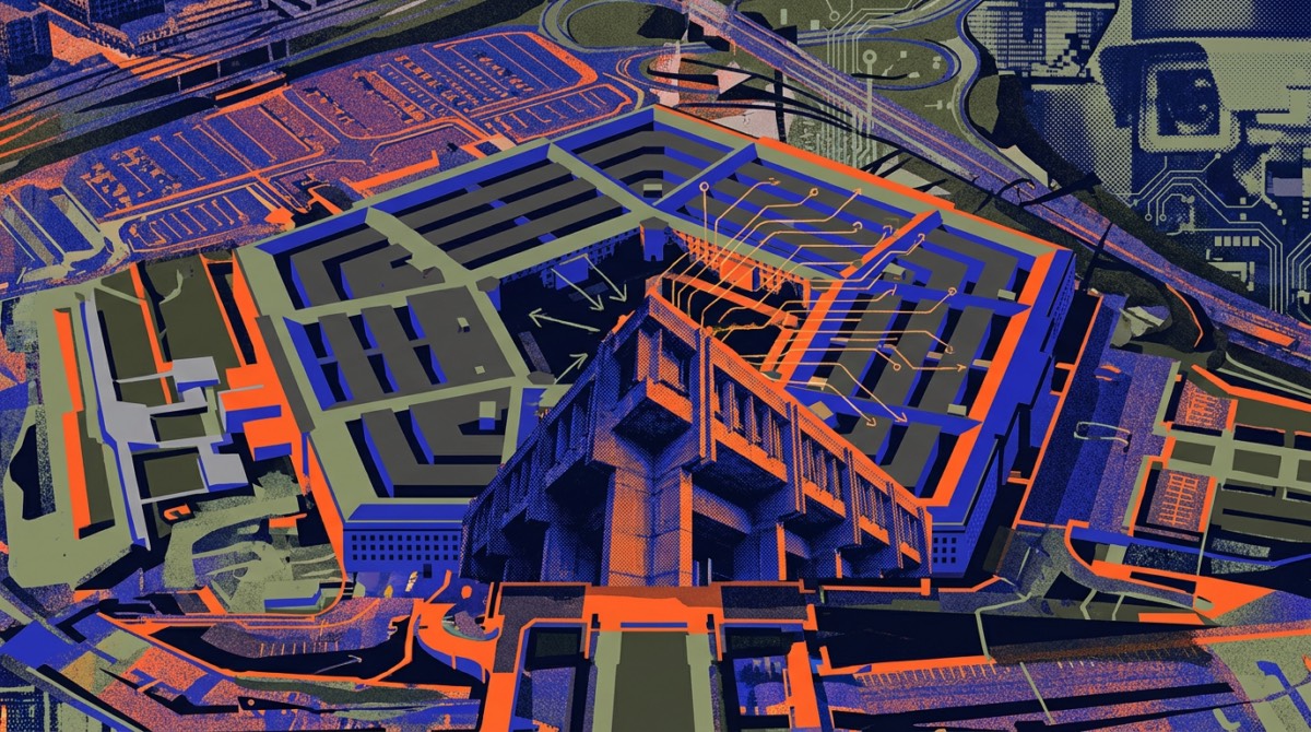 Aerial illustration of the Pentagon with blue and orange circuit lines drawn across its roof