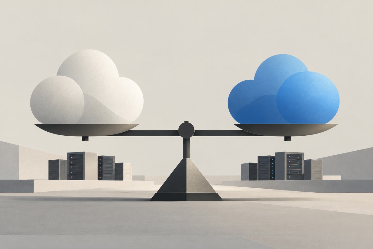 A balance scale holds a white cloud on one side and a blue cloud on the other, with server racks below.