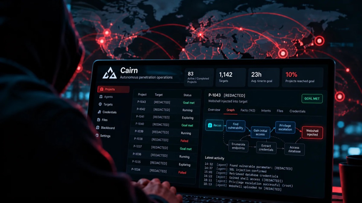 A figure in a dark hood in front of a laptop showing a mock-up of the Cairn control panel, with a world map of red connection lines behind