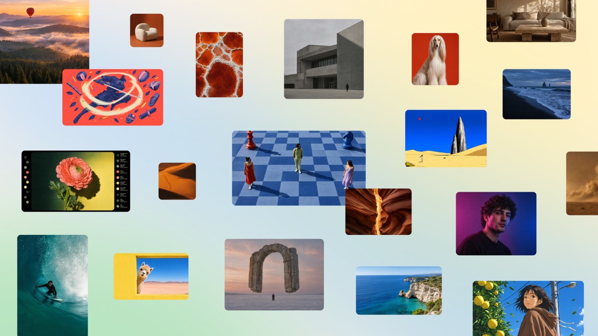 Canva Craft 官方缩略图:多张不同风格的生成图像拼成一面墙,有棋盘上的人物、沙丘上的方尖碑、人像、冲浪者与静物,底色从浅蓝渐变到淡黄