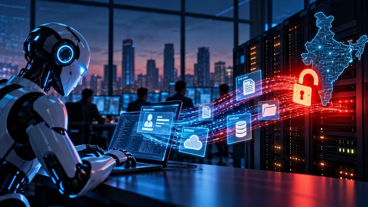 A humanoid robot at a laptop, data icons streaming along light trails toward server racks, and a padlocked map of India on the right