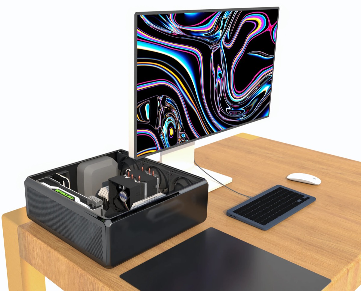 打开侧板的 GPU 工作站主机与桌面显示器