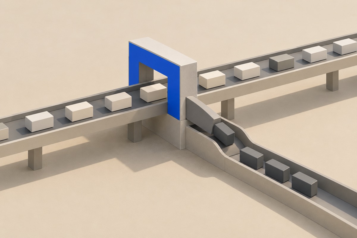 An automated gate lets most blocks ride a conveyor straight through while a few are diverted onto a lower side track