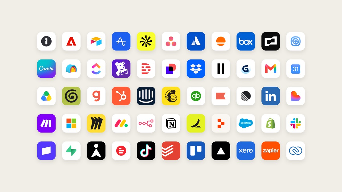 Dozens of workplace app icons arranged in five even rows on a cream background, among them Canva, Box, Dropbox, LinkedIn, Slack, Shopify, Zapier and Notion.