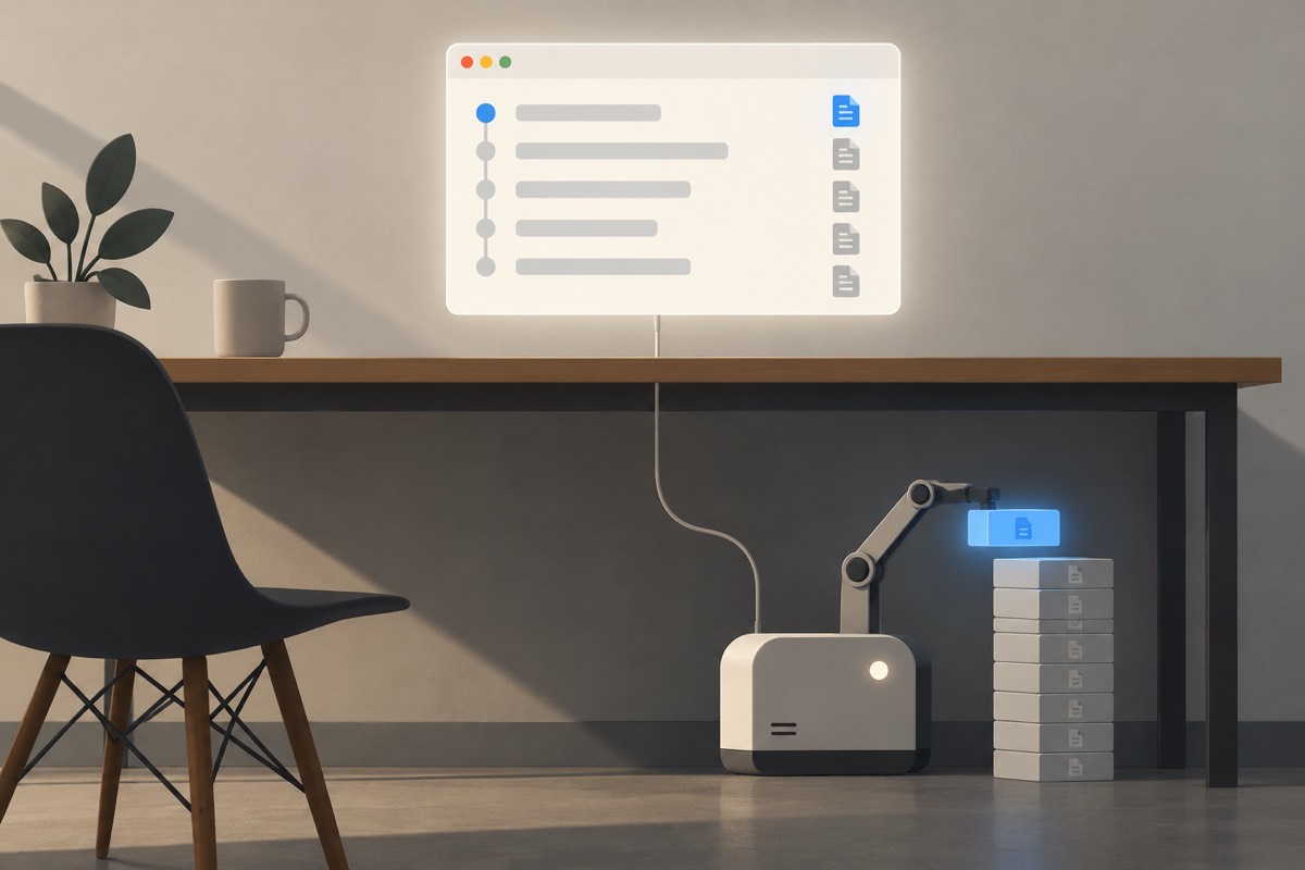 A glowing app window hovers over a desk, a thin cable running beneath it to a small rounded machine whose arm stacks identical blocks into a pile, the top one lit blue