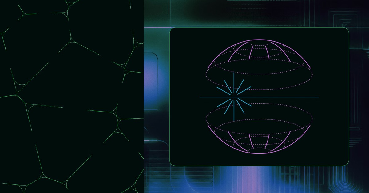 Network nodes linked by lines on a dark background beside a wireframe double-hemisphere globe with a bright cross of light at its center
