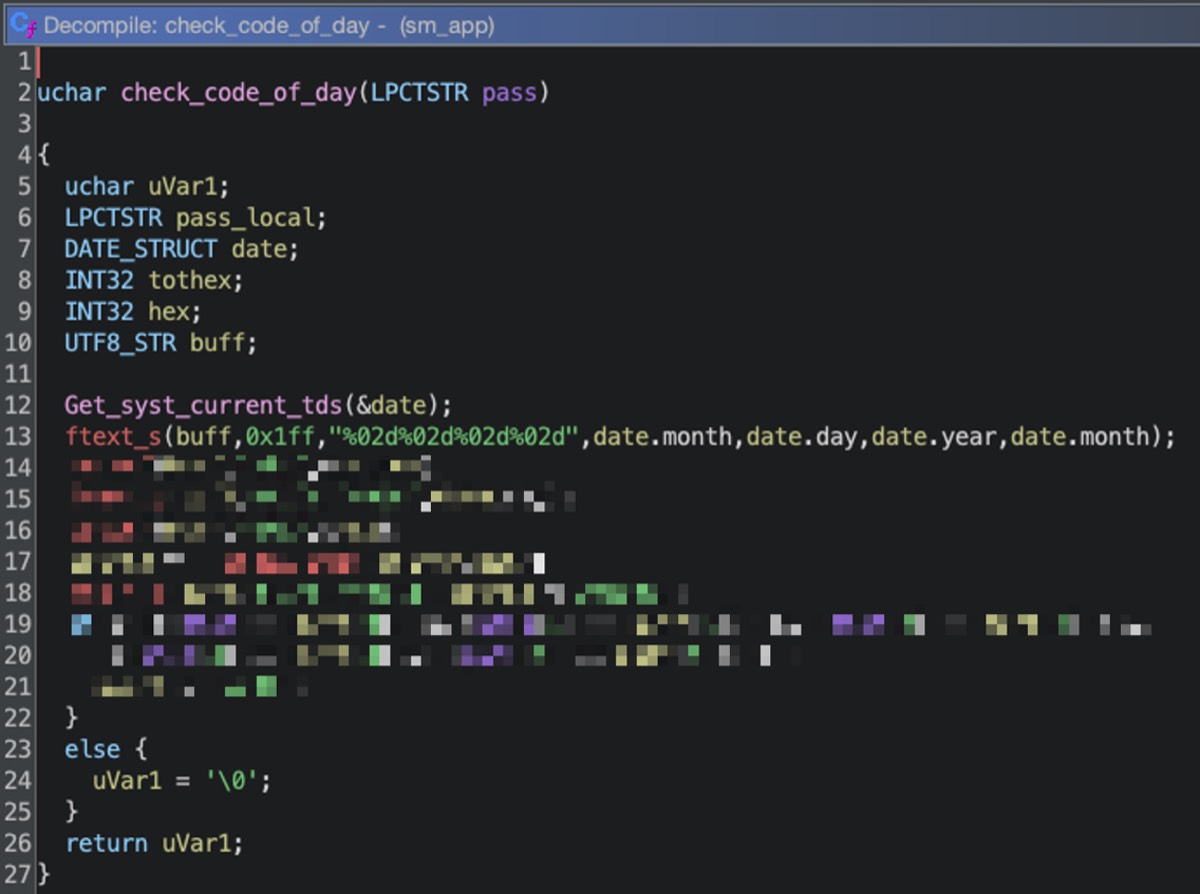 Claroty research screenshot: the check_code_of_day routine in a decompiler view, deriving the day code from the device clock