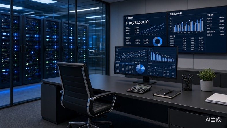 Huxiu’s illustration (marked AI-generated): a CFO desk with finance dashboards behind data-center glass