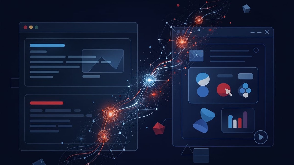 Two translucent interface panels linked by glowing nodes and lines on a dark blue background